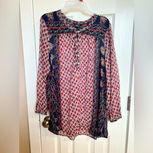 Lucky Brand Floral Patchwork Long Sleeve Blouse - Red, Navy, White
